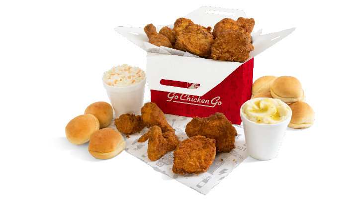 A box of 21 pieces of golden fried bone-in chicken and sides