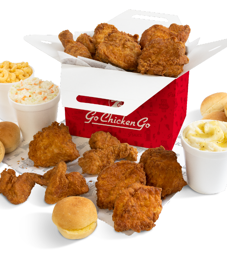 A box of 21 pieces of bone-in golden fried chicken and sides
