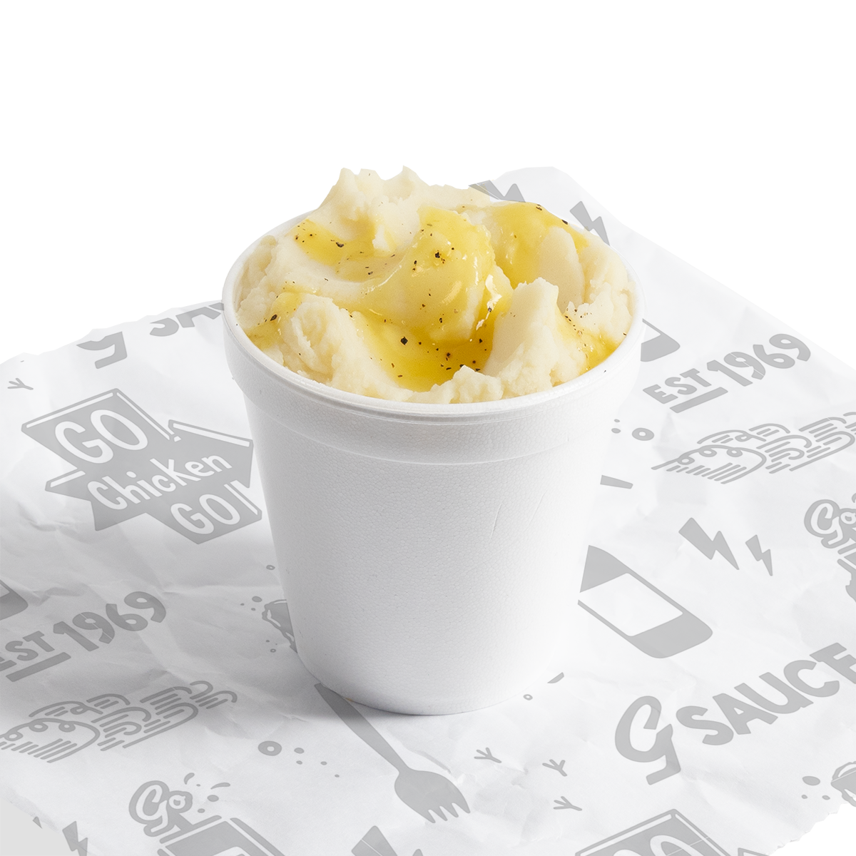 A pint of mashed potatoes with gravy